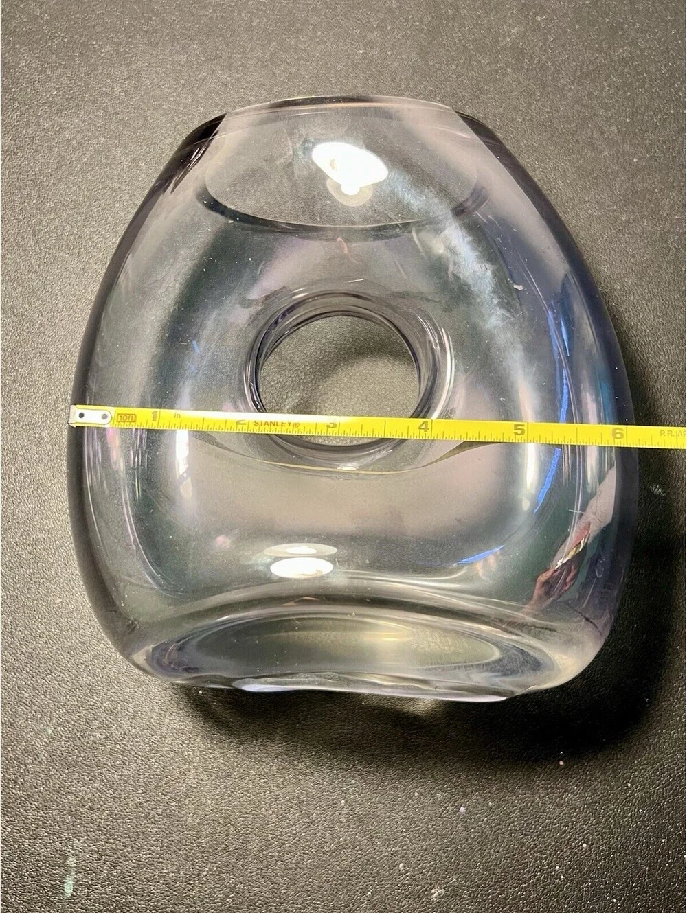Pasabahce Turkey 2000s Doughnut O Vase Handblown Art Glass Clear, 4.5x7”